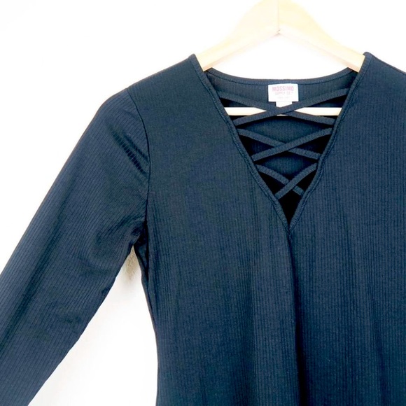 Mossimo Supply Co. Tops - Black Ribbed Long Sleeve Shirt V Neck Lace Detail